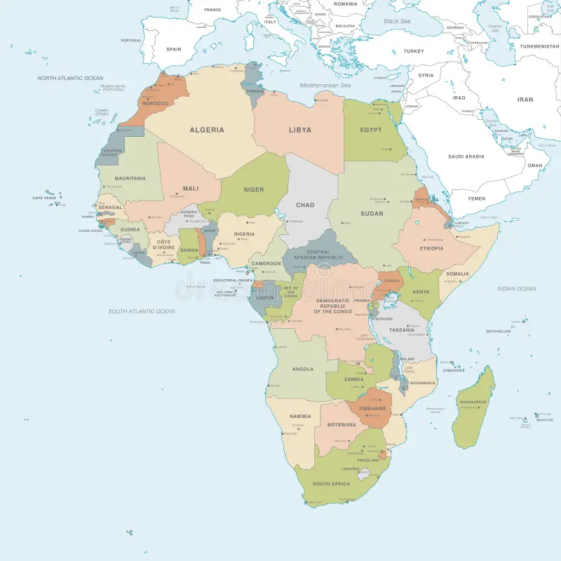 vector map africa continent countries capitals main cities seas islands names classic soft colors 124468443